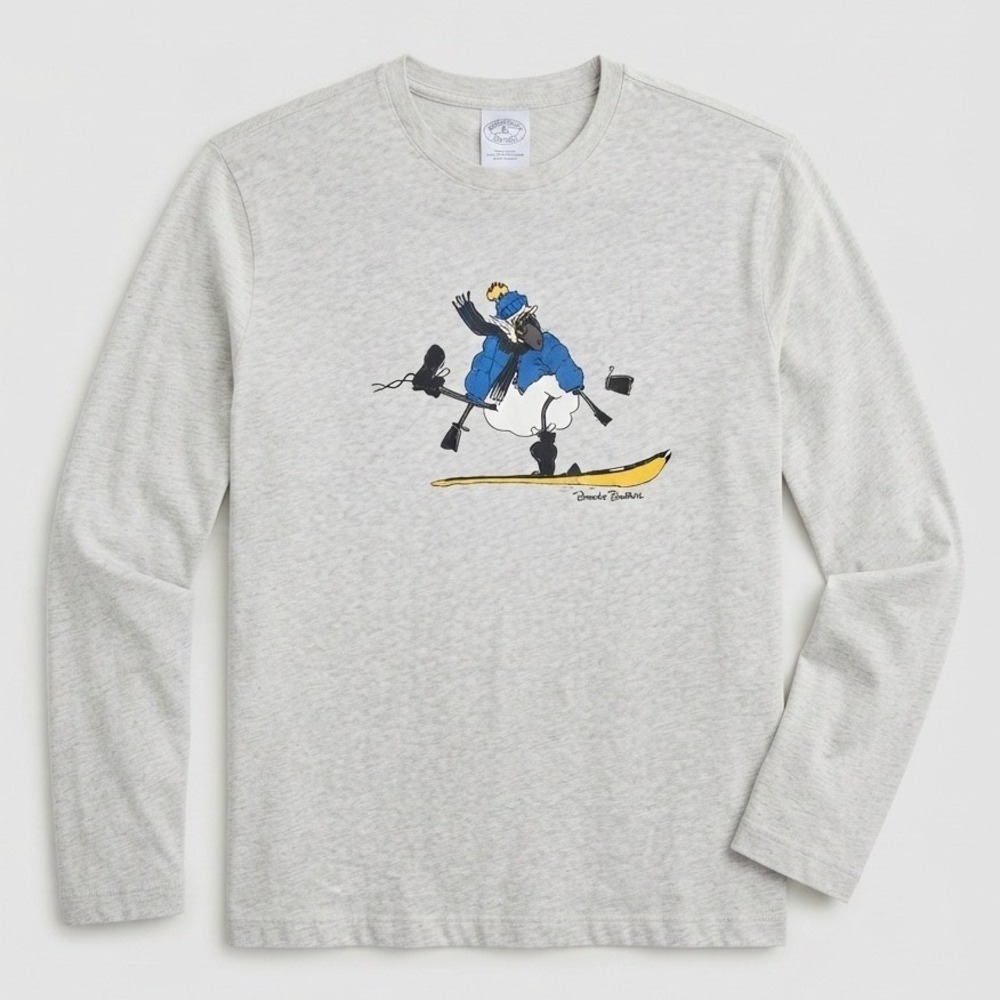 Brooks Brothers Mascot Henry Skiing Graphic Tee Long Sleeve Shirt Gray Medium